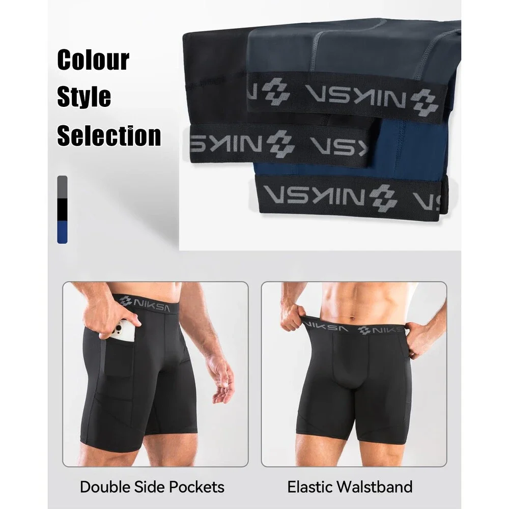 Niksa Men's 1/2 Pack Compression Shorts Pocket Performance Spandex 2PK-M